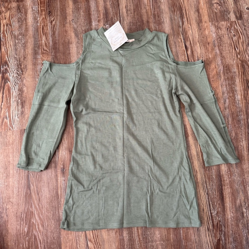 Olive Green Ribbed Cold Shoulder Top